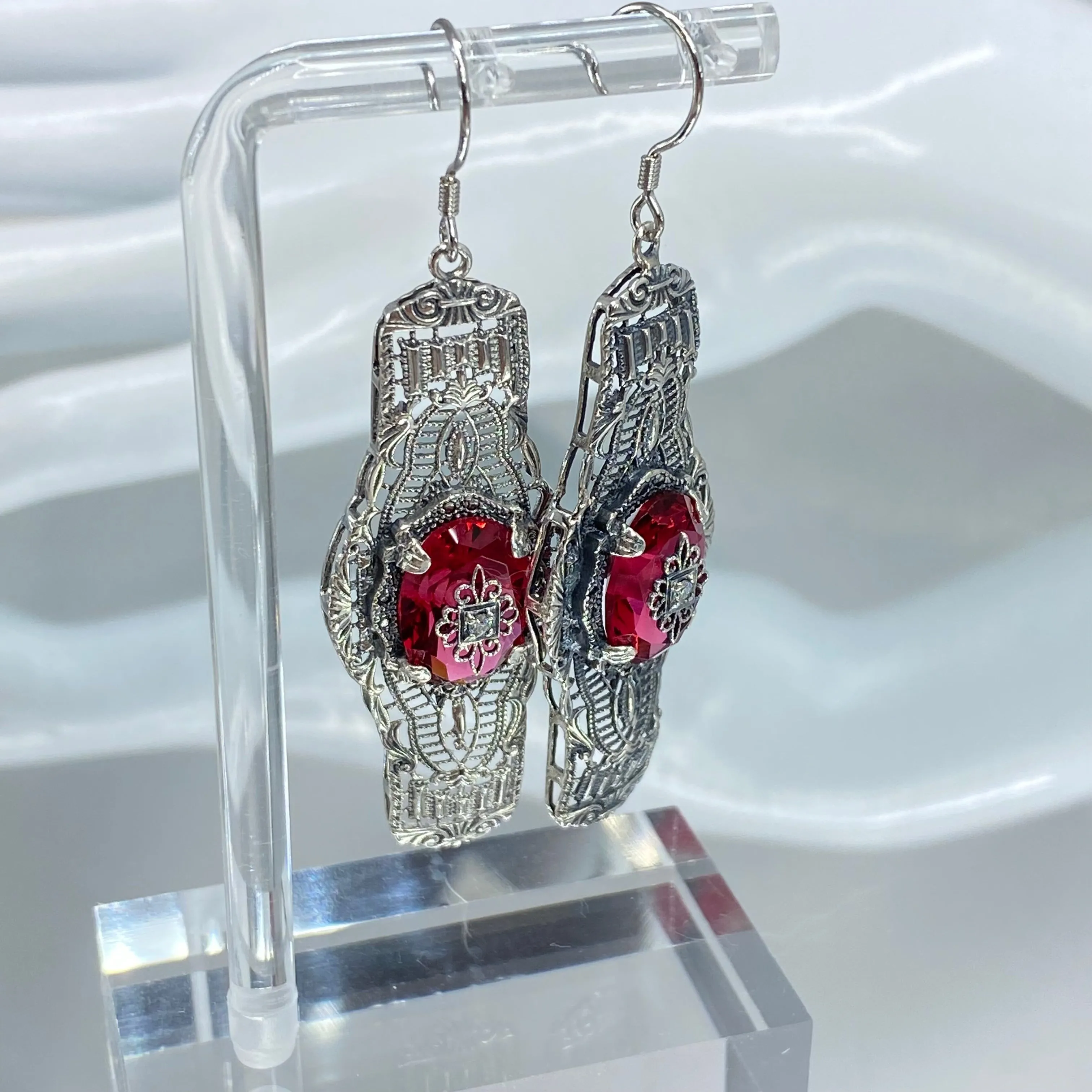 Red Ruby Earrings, Embellished Gems, Oval Castle, Elegant Vintage Jewelry #E4e