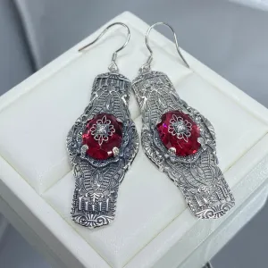 Red Ruby Earrings, Embellished Gems, Oval Castle, Elegant Vintage Jewelry #E4e