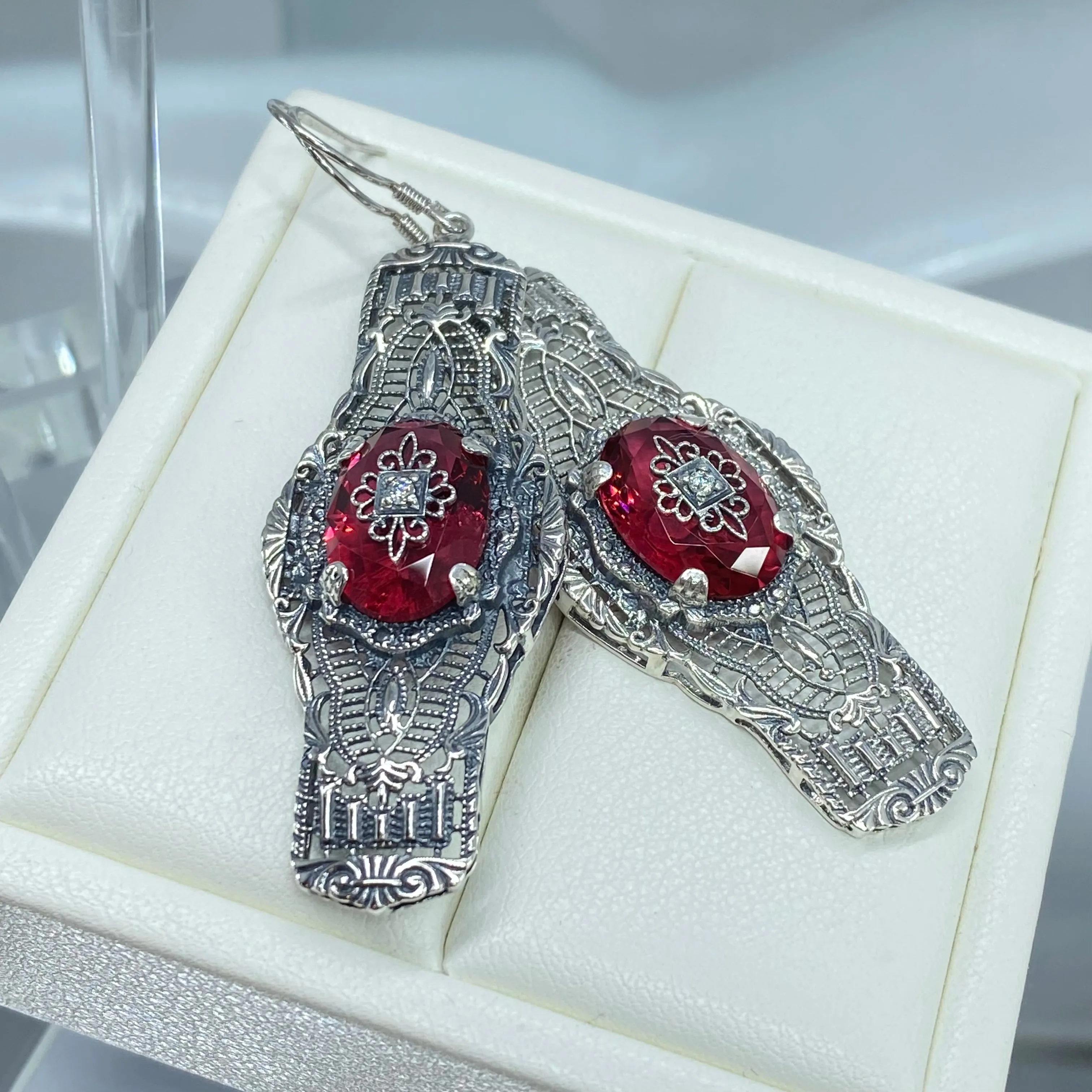 Red Ruby Earrings, Embellished Gems, Oval Castle, Elegant Vintage Jewelry #E4e