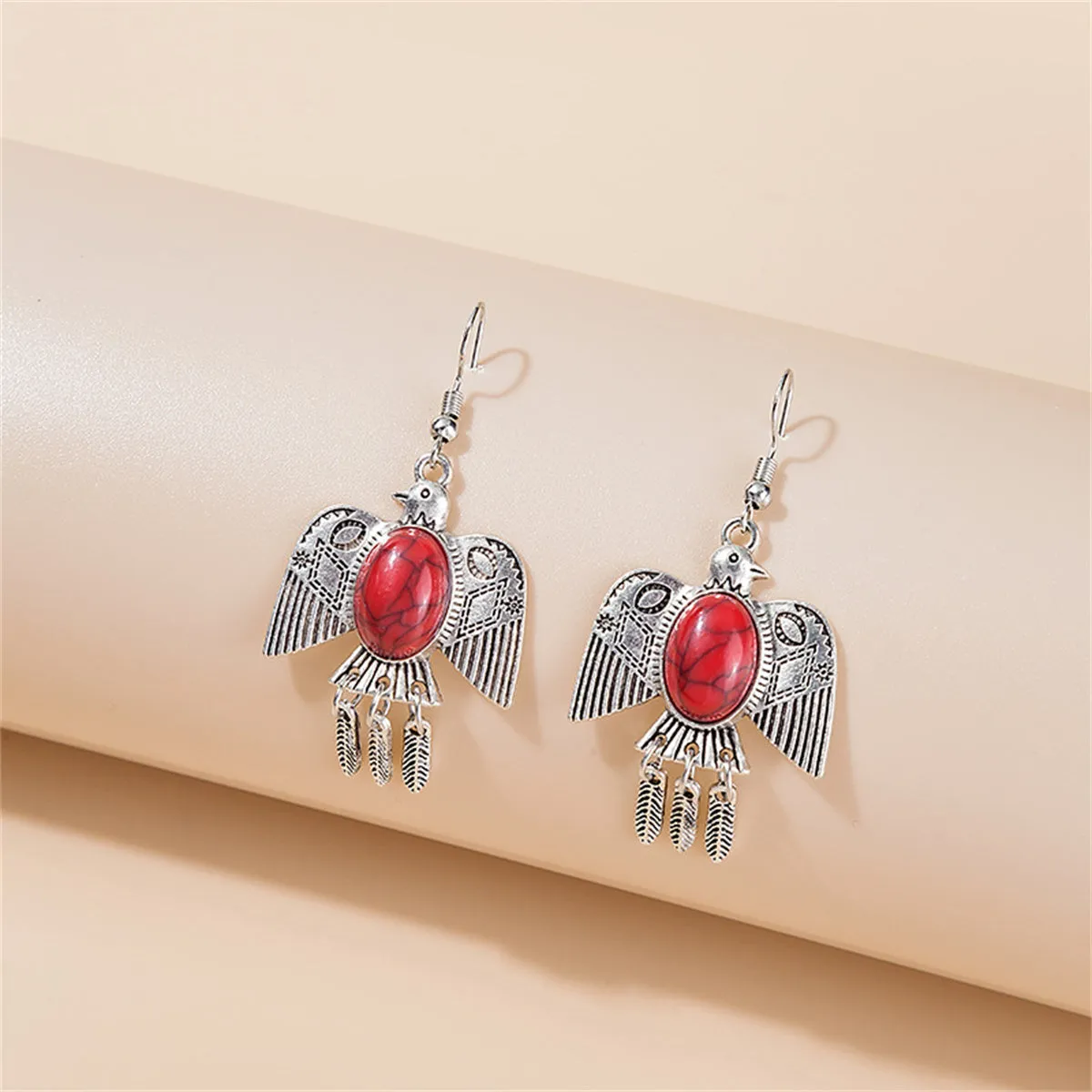 Red Turquoise & Silver-Plated Swallow Drop Earrings