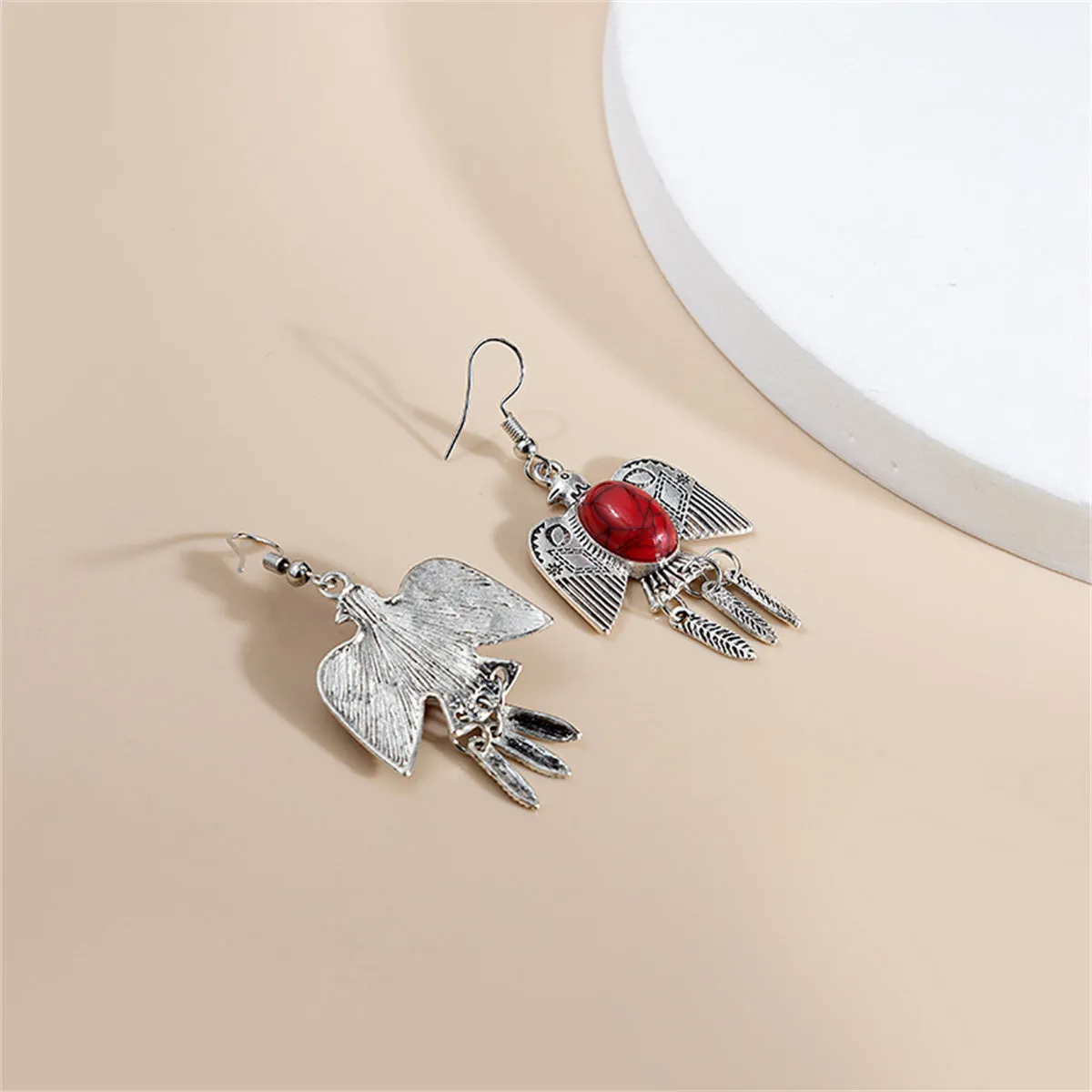 Red Turquoise & Silver-Plated Swallow Drop Earrings