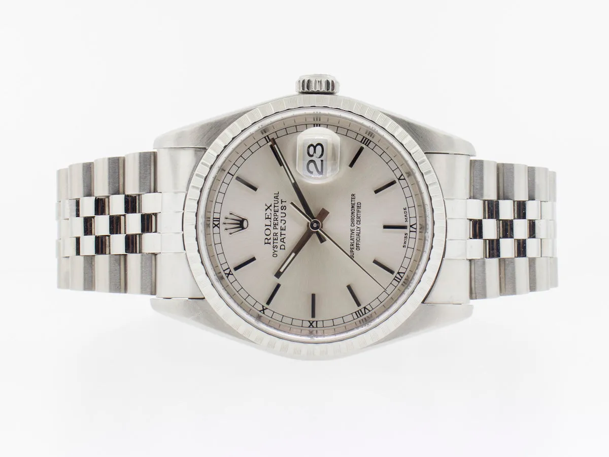 Rolex Datejust 36mm Stainless Steel Silver Stick Dial Engine Turned Bezel 16220