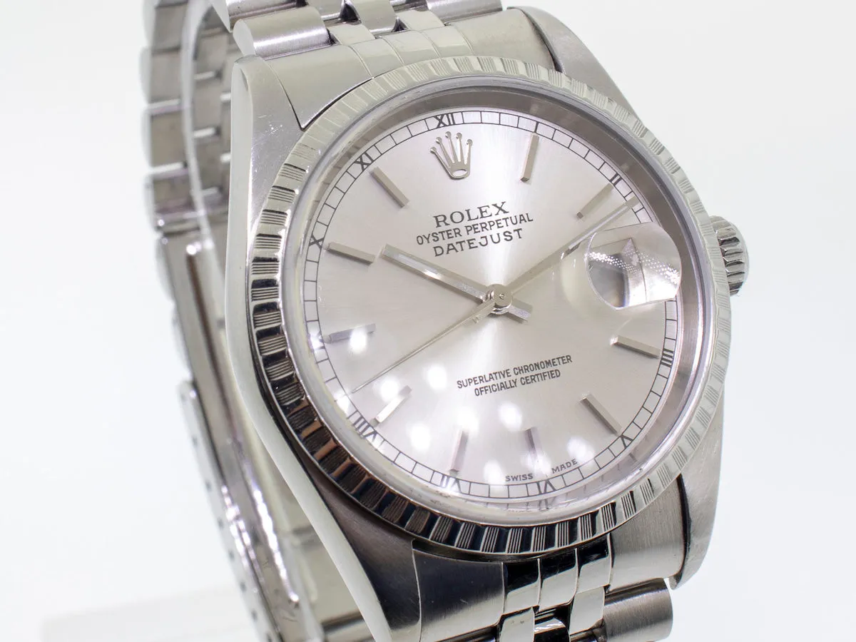 Rolex Datejust 36mm Stainless Steel Silver Stick Dial Engine Turned Bezel 16220