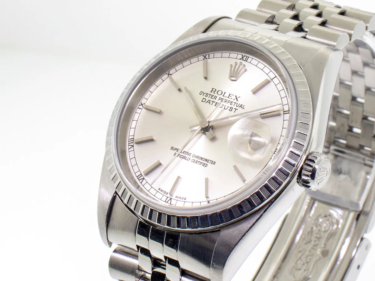Rolex Datejust 36mm Stainless Steel Silver Stick Dial Engine Turned Bezel 16220