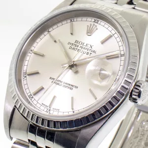 Rolex Datejust 36mm Stainless Steel Silver Stick Dial Engine Turned Bezel 16220
