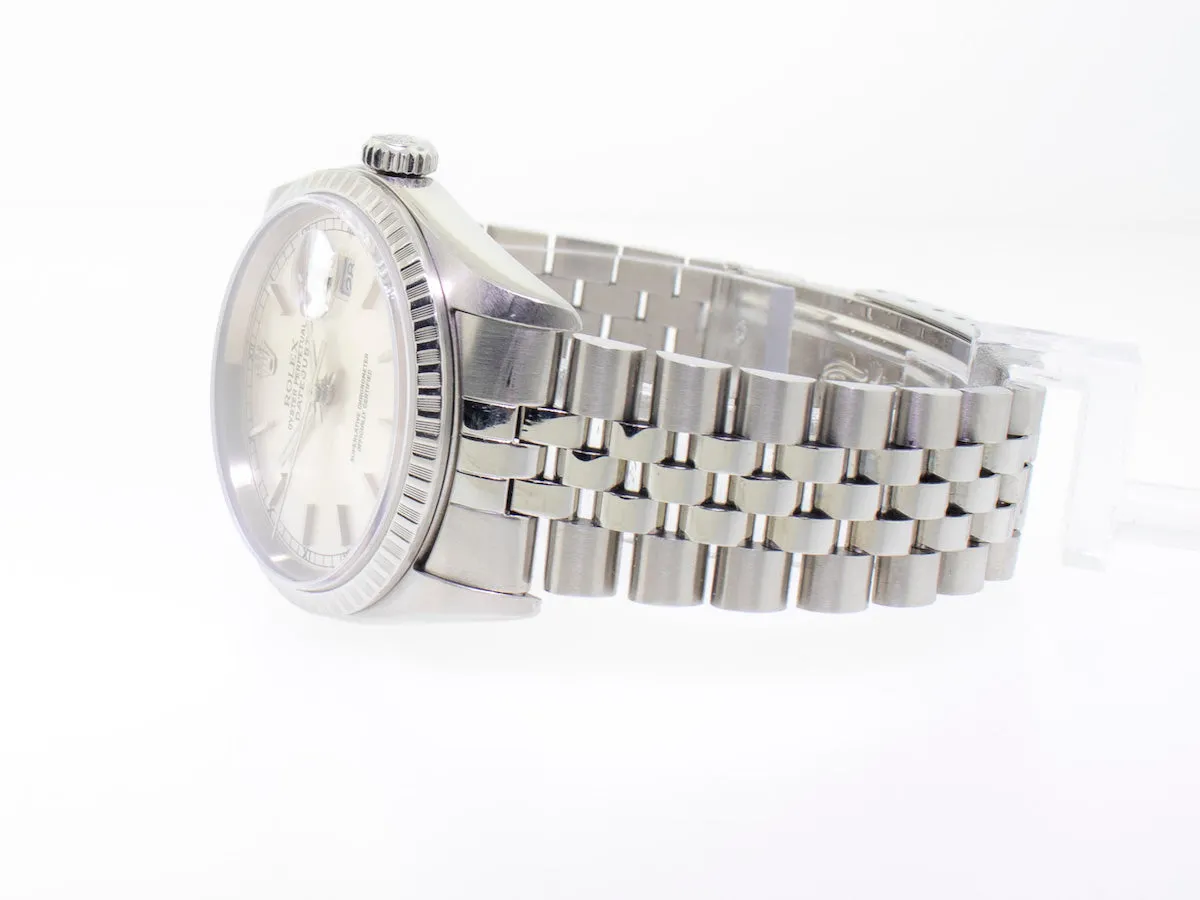 Rolex Datejust 36mm Stainless Steel Silver Stick Dial Engine Turned Bezel 16220