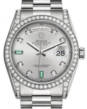 Rolex Day-Date 36 White Gold Rhodium Diamond & Emeralds Dial & Diamond Set Case & Bezel President Bracelet 118389