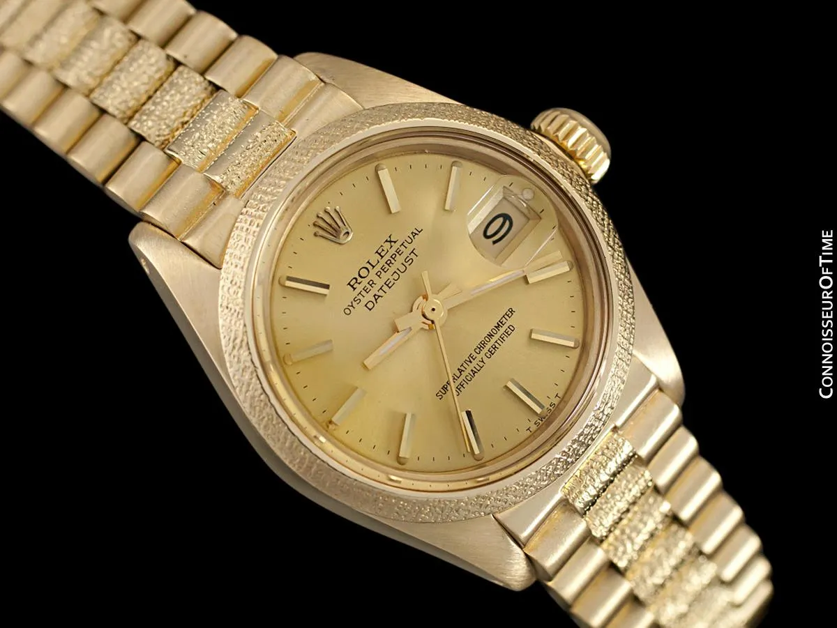 Rolex President Datejust Ladies Bark Finish Champagne Dial Watch, Ref. 6901 - 18K Gold