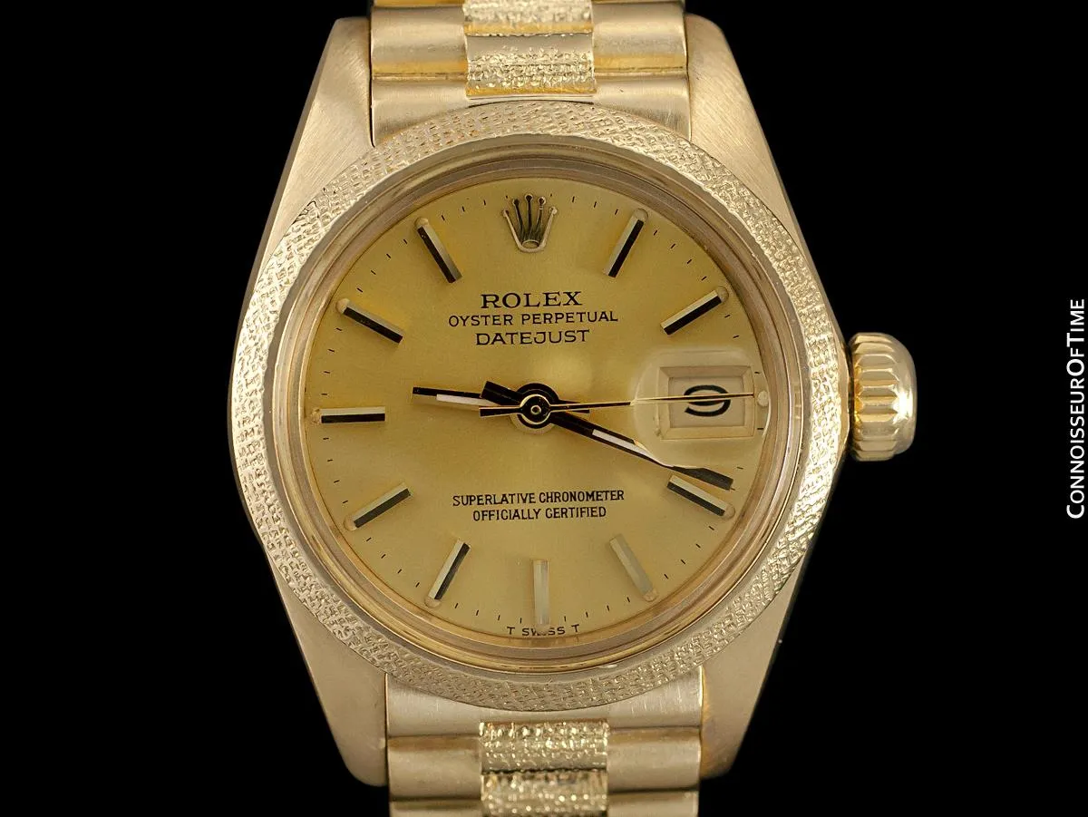 Rolex President Datejust Ladies Bark Finish Champagne Dial Watch, Ref. 6901 - 18K Gold