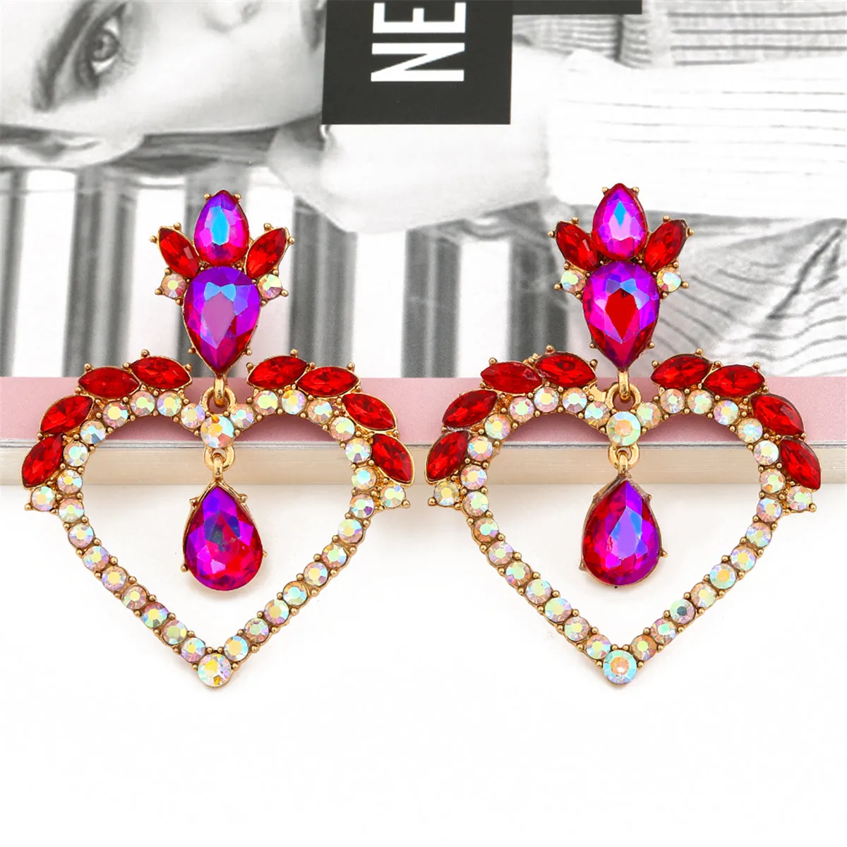 Rose Crystal & Cubic Zirconia Heart Drop Earrings
