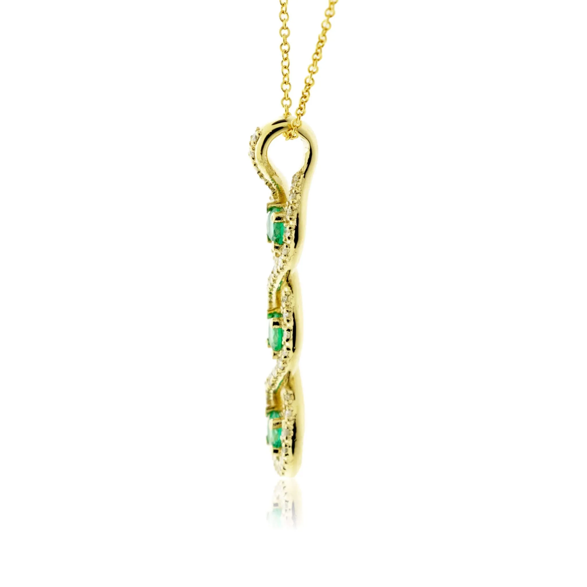 Round-Cut Three Emerald Pendant with Diamond Halo