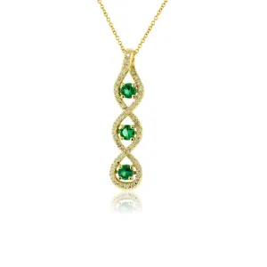 Round-Cut Three Emerald Pendant with Diamond Halo