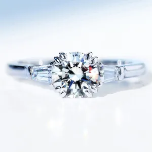 Round GIA Diamond Tapered Baguette Diamond Engagement Ring