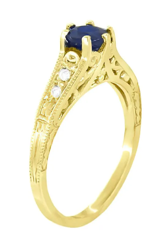Sapphire and Diamond Art Deco Filigree Engagement Ring in 14 Karat Yellow Gold