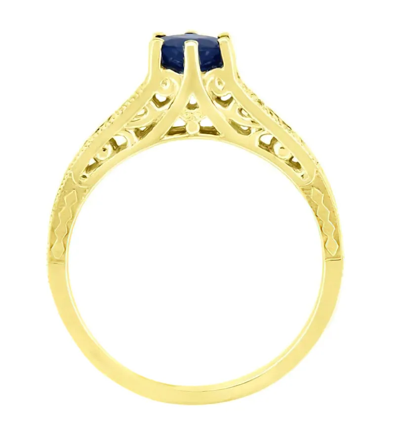 Sapphire and Diamond Art Deco Filigree Engagement Ring in 14 Karat Yellow Gold