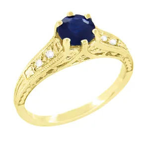 Sapphire and Diamond Art Deco Filigree Engagement Ring in 14 Karat Yellow Gold