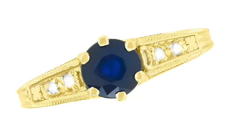Sapphire and Diamond Art Deco Filigree Engagement Ring in 14 Karat Yellow Gold