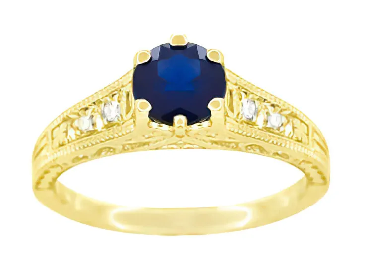 Sapphire and Diamond Art Deco Filigree Engagement Ring in 14 Karat Yellow Gold