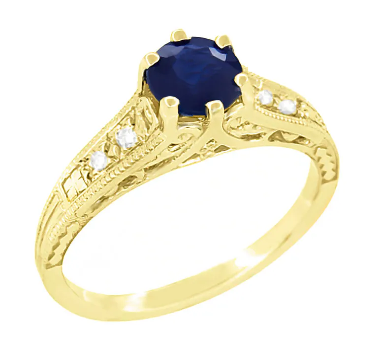 Sapphire and Diamond Art Deco Filigree Engagement Ring in 14 Karat Yellow Gold