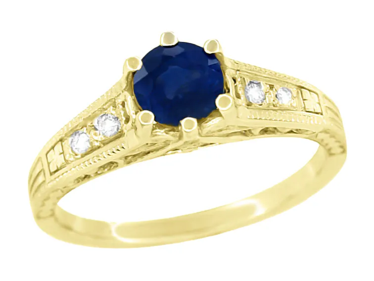 Sapphire and Diamond Art Deco Filigree Engagement Ring in 14 Karat Yellow Gold