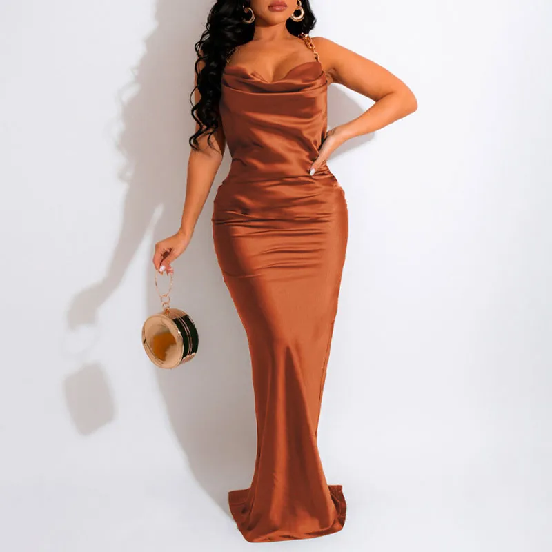 Solid Cowl Neck Chain Strap Maxi Dress