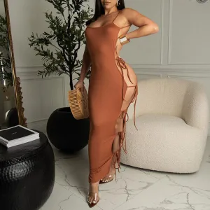 Solid Sleeveless Hollow Out Spaghetti Strap Maxi Dress