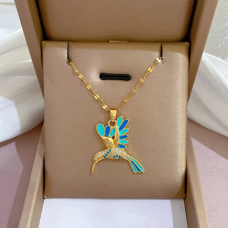 Stainless Steel Colorful Hummingbird Pendant Necklace