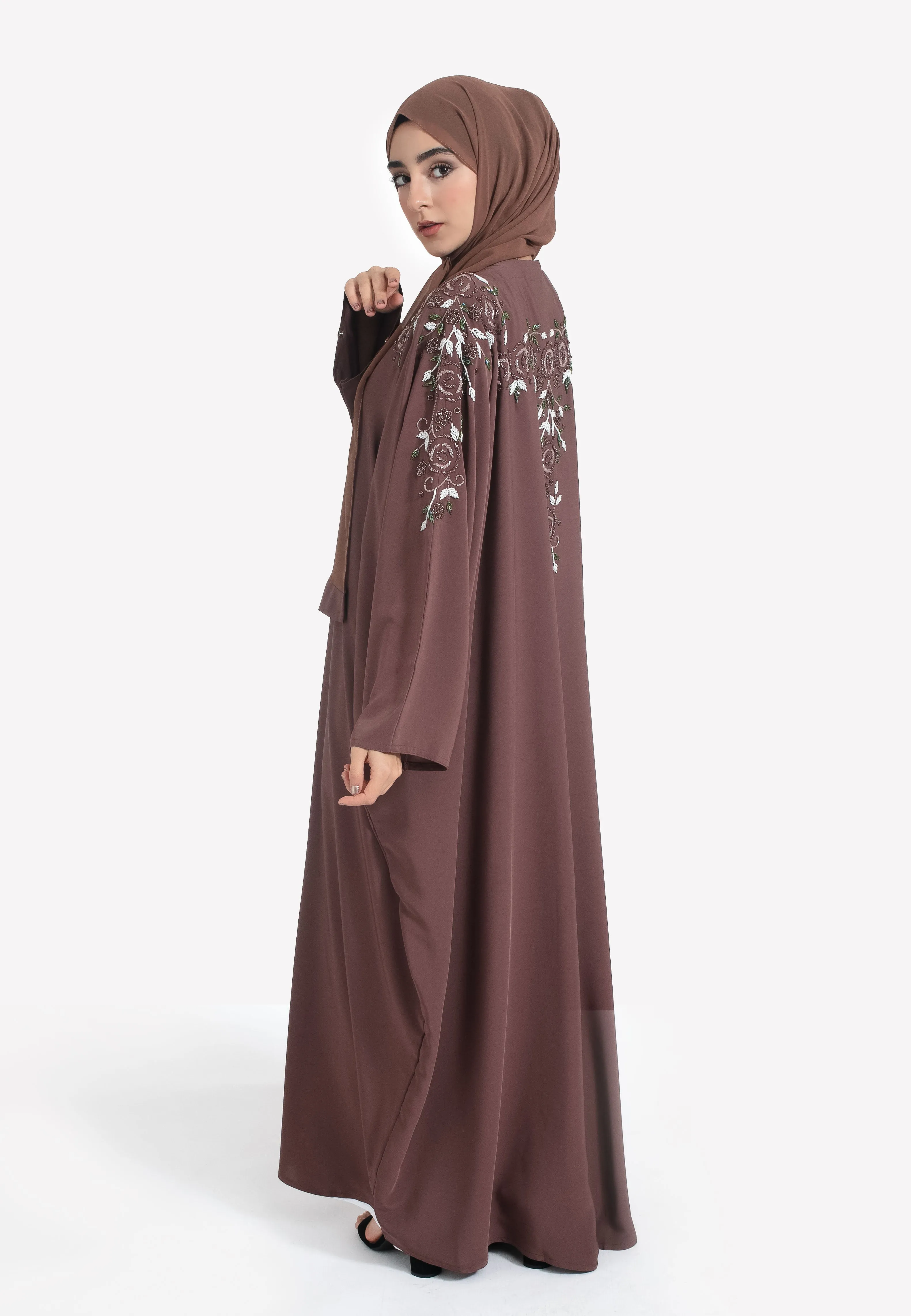 Taupe Floral Embellished Open Farasha