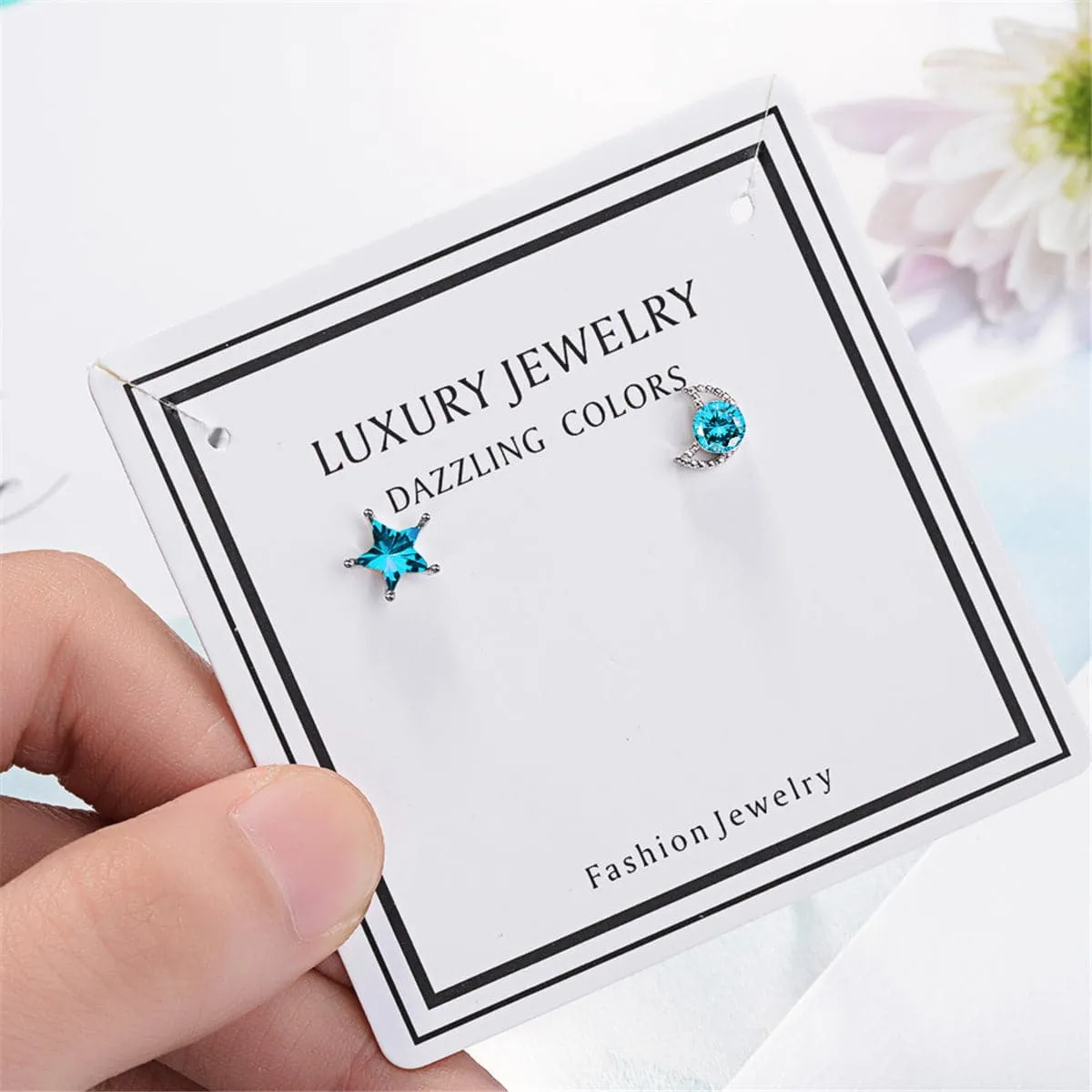 Teal Crystal & Silver-Plated Blue Moon & Star Stud Earrings