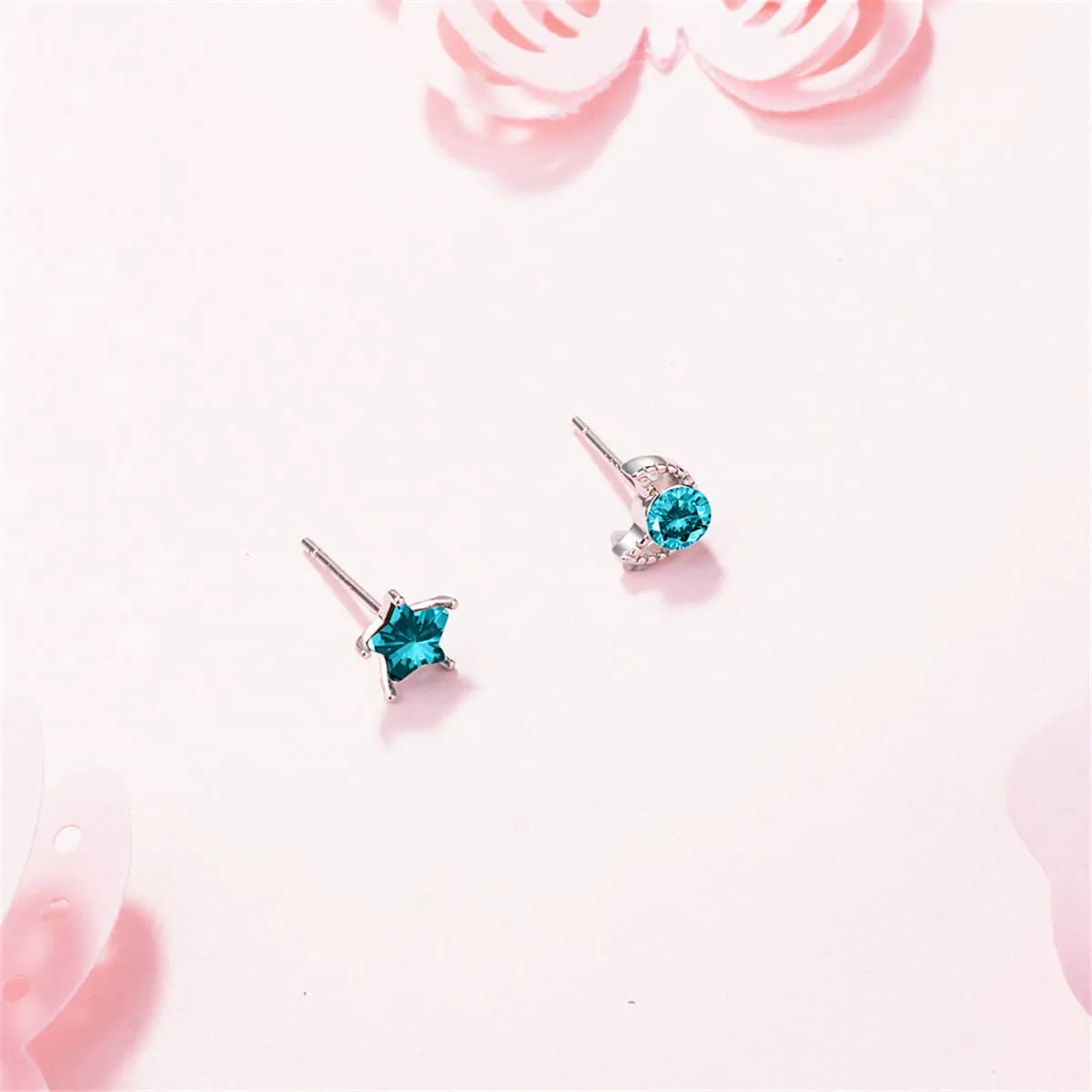 Teal Crystal & Silver-Plated Blue Moon & Star Stud Earrings