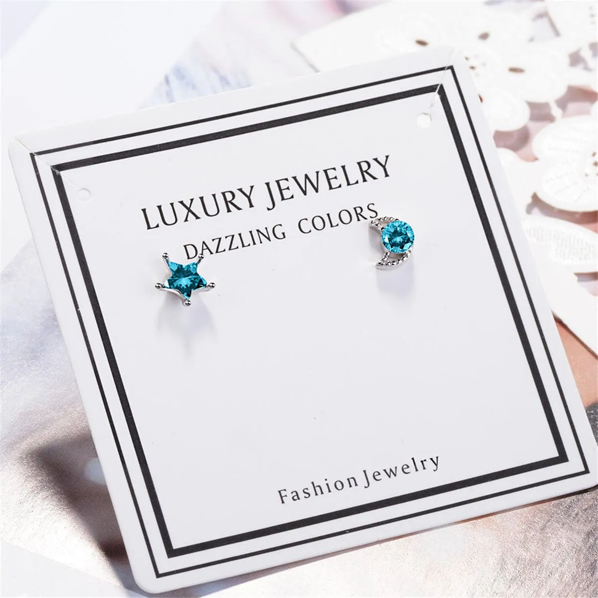Teal Crystal & Silver-Plated Blue Moon & Star Stud Earrings