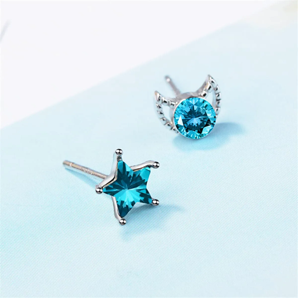 Teal Crystal & Silver-Plated Blue Moon & Star Stud Earrings