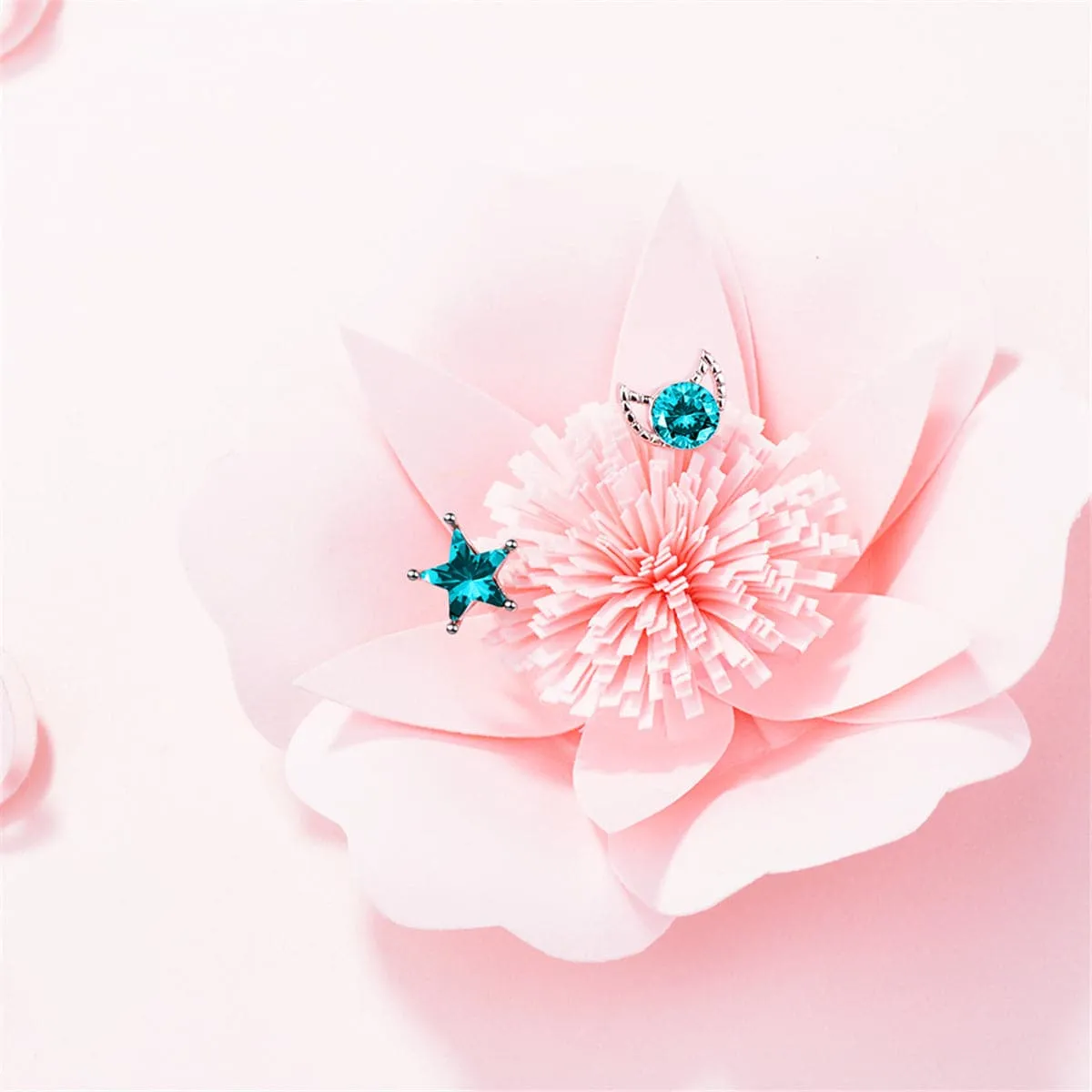 Teal Crystal & Silver-Plated Blue Moon & Star Stud Earrings