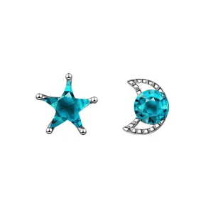 Teal Crystal & Silver-Plated Blue Moon & Star Stud Earrings