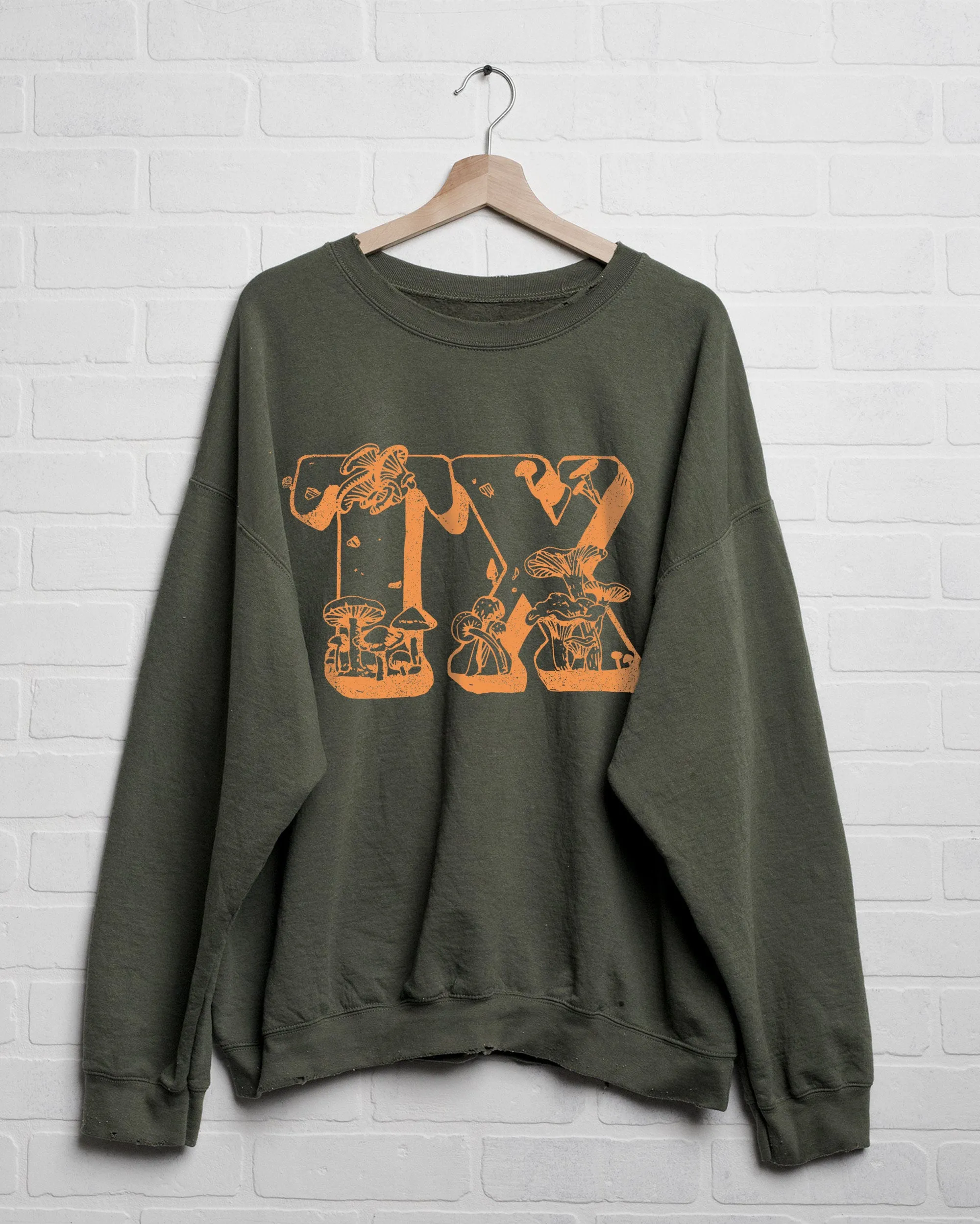 Texas Mushrooms Military Green Thrifted Sweatshirt (FINAL SALE)
