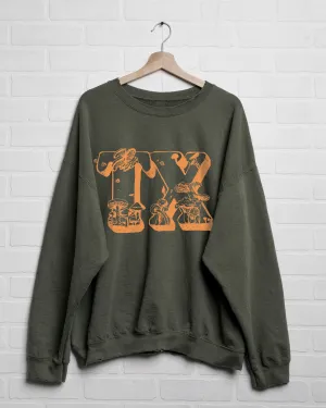 Texas Mushrooms Military Green Thrifted Sweatshirt (FINAL SALE)