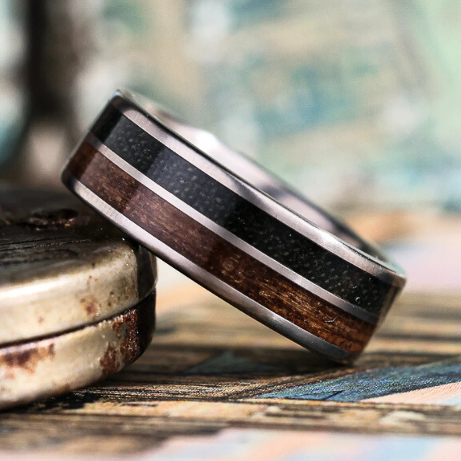 The Maverick | Men's Titanium Wedding Band with Vintage Air Force Flight Suit & Louisiana Bogwood