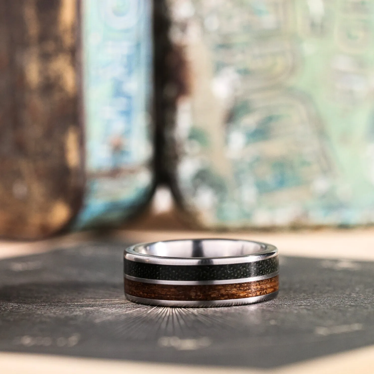 The Maverick | Men's Titanium Wedding Band with Vintage Air Force Flight Suit & Louisiana Bogwood