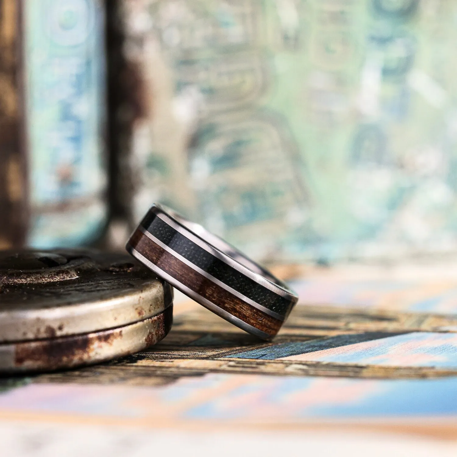 The Maverick | Men's Titanium Wedding Band with Vintage Air Force Flight Suit & Louisiana Bogwood