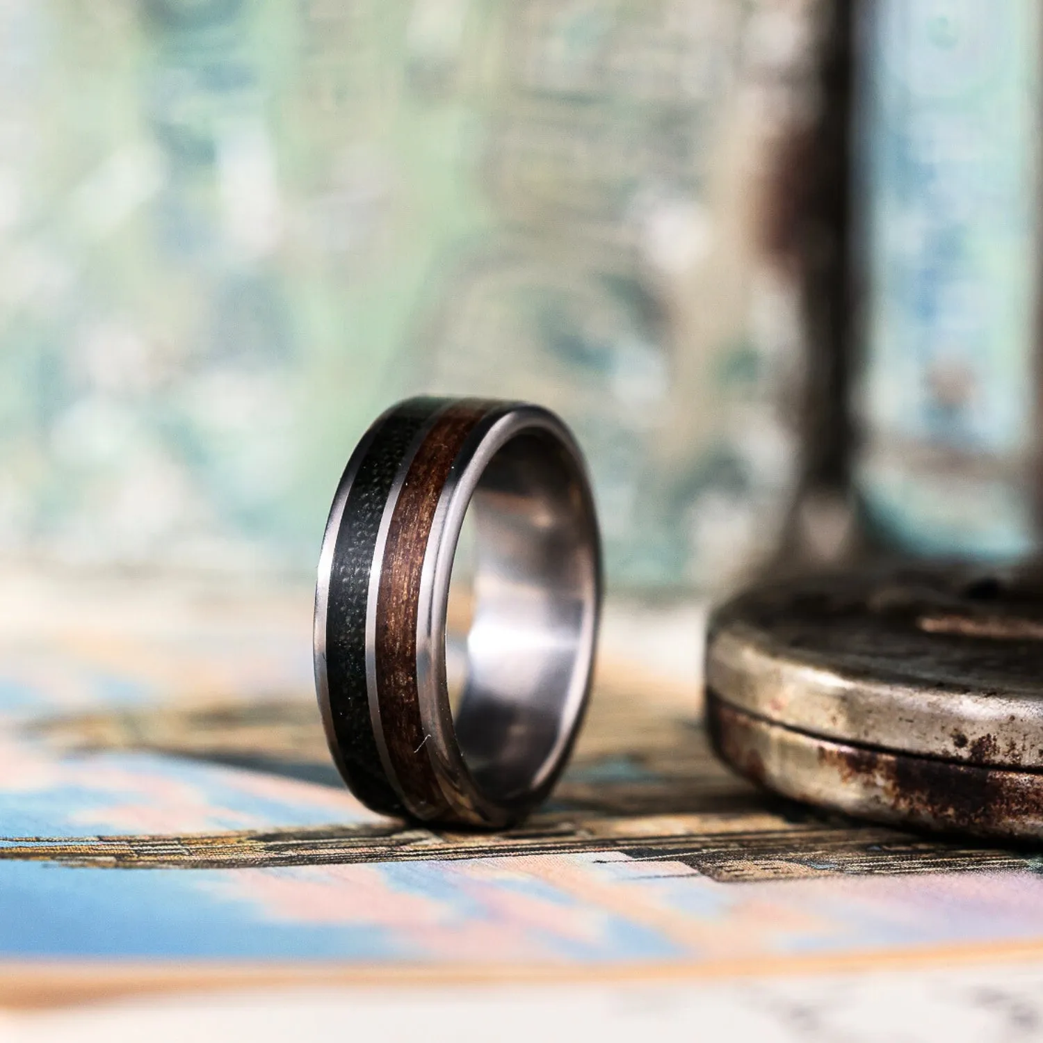 The Maverick | Men's Titanium Wedding Band with Vintage Air Force Flight Suit & Louisiana Bogwood