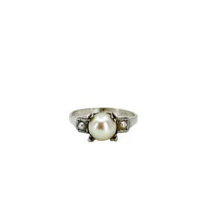 Triple Seed Pearl Art Deco Industrial Milgrain Japanese Saltwater Akoya Cultured Pearl Ring- Sterling Silver Sz 5.50