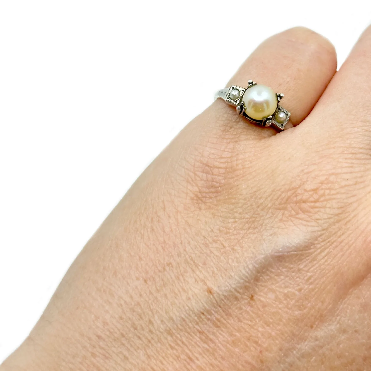 Triple Seed Pearl Art Deco Industrial Milgrain Japanese Saltwater Akoya Cultured Pearl Ring- Sterling Silver Sz 5.50