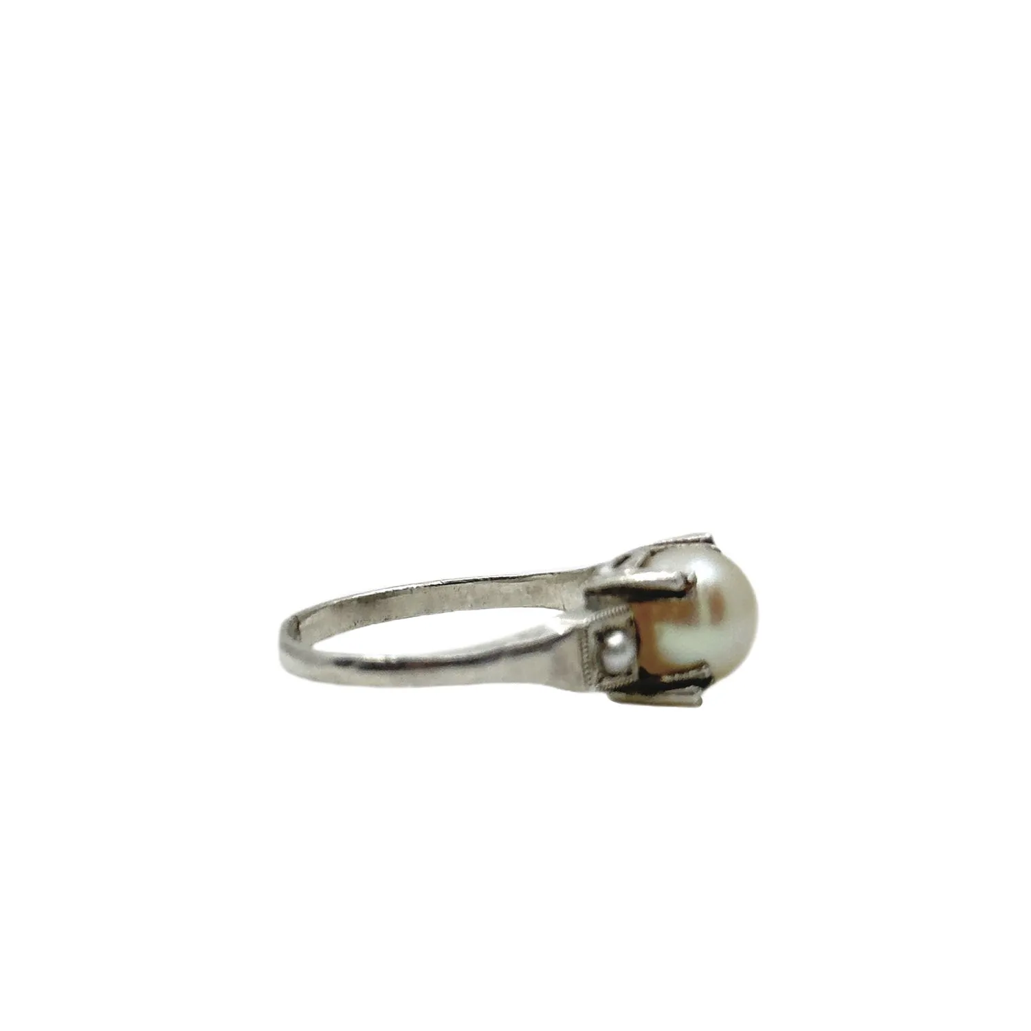 Triple Seed Pearl Art Deco Industrial Milgrain Japanese Saltwater Akoya Cultured Pearl Ring- Sterling Silver Sz 5.50