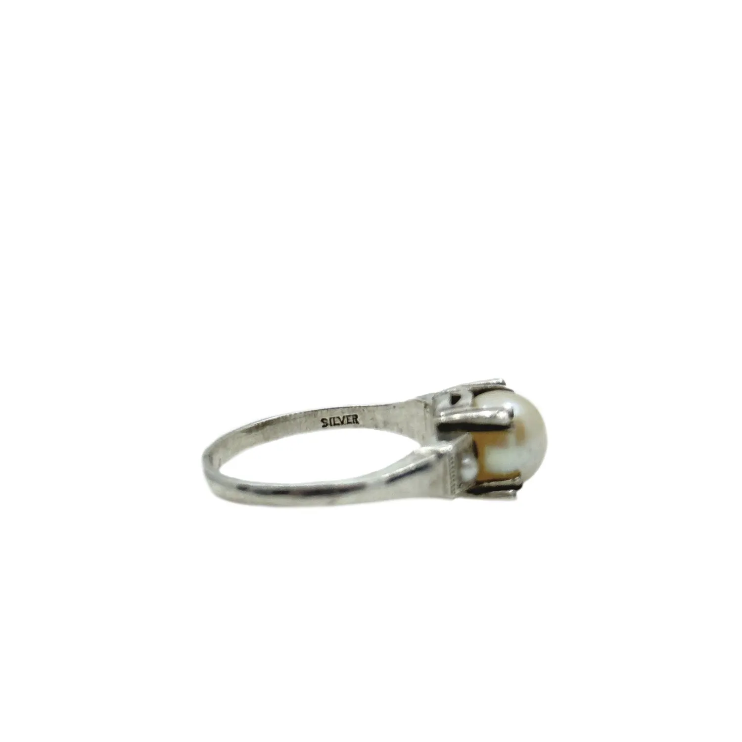 Triple Seed Pearl Art Deco Industrial Milgrain Japanese Saltwater Akoya Cultured Pearl Ring- Sterling Silver Sz 5.50