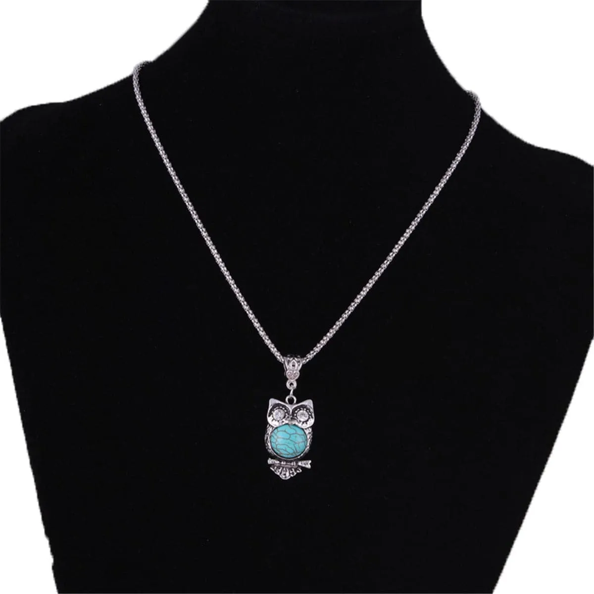 Turquoise & Cubic Zirconia Owl Pendant Necklace