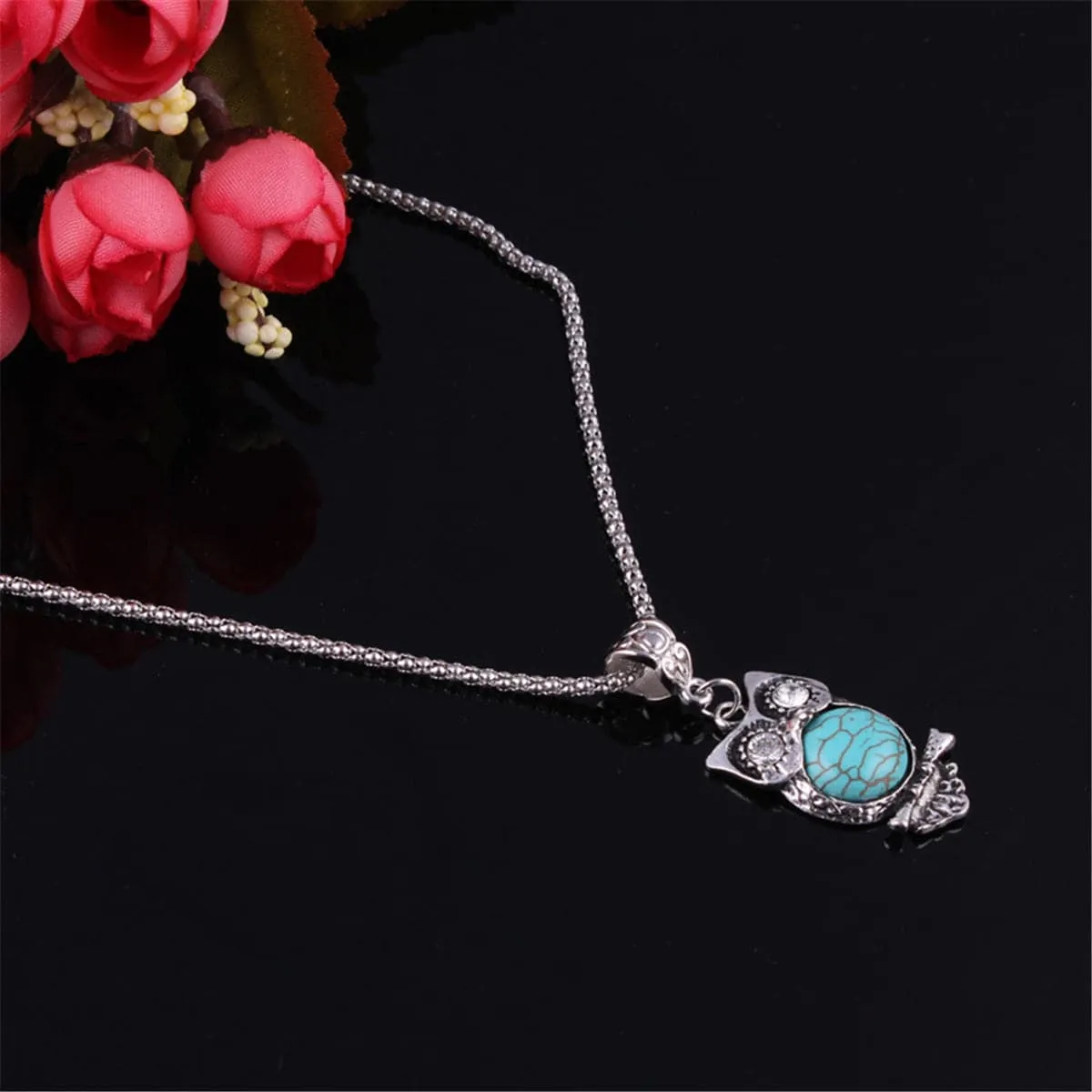 Turquoise & Cubic Zirconia Owl Pendant Necklace