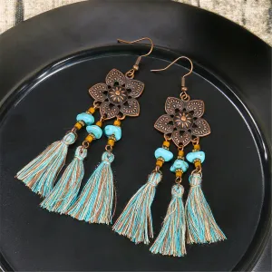 Turquoise & Polyster 18K Gold-Plated Flower Tassel Drop Earrings