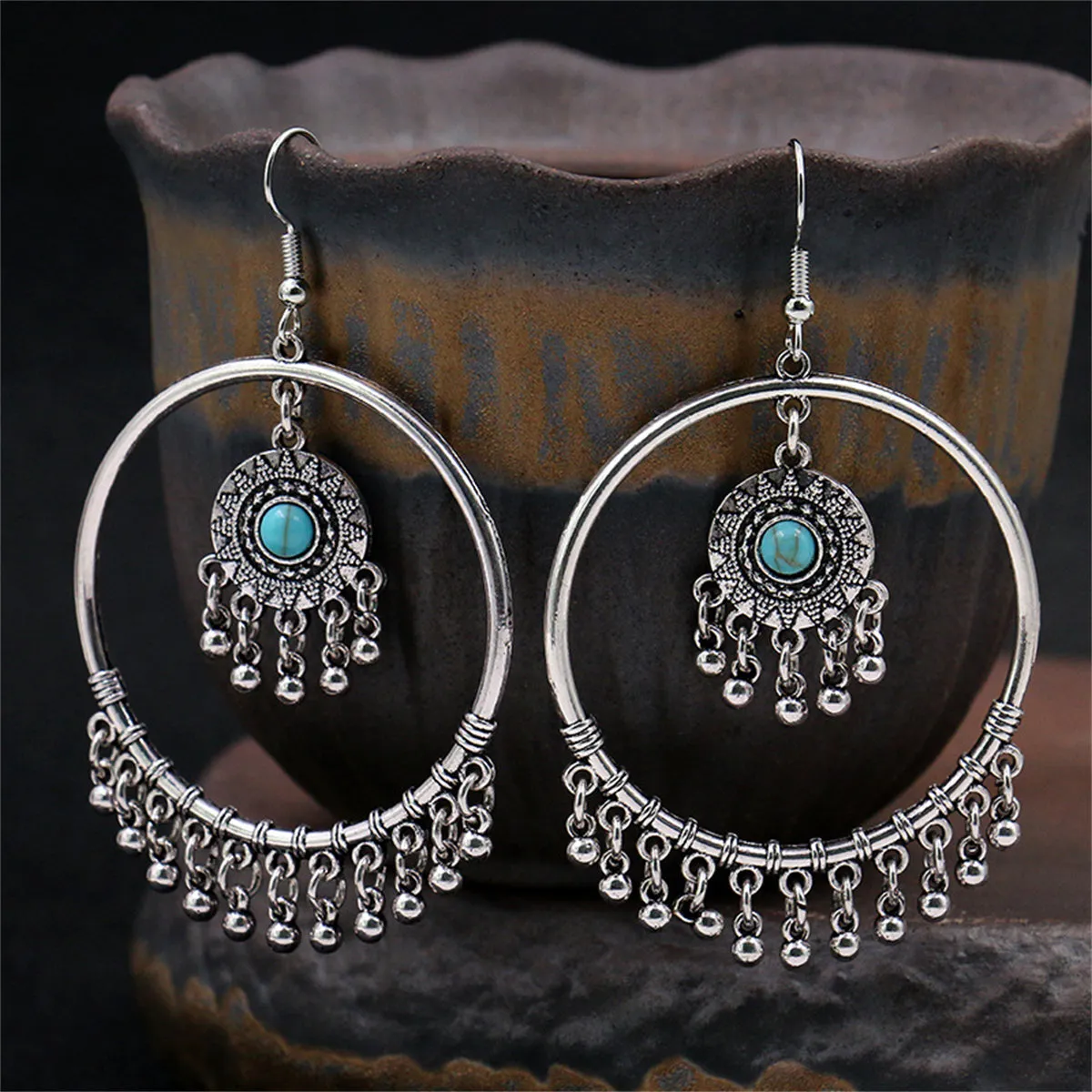 Turquoise & Silver-Plated Tassel Drop Earrings