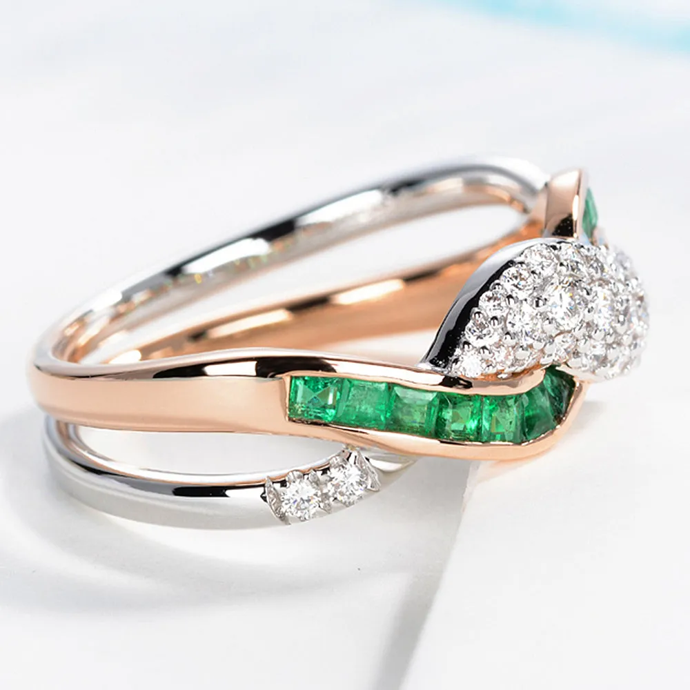 Two Tone Gold Diamond and Emerald Crossover Fashion Ring
