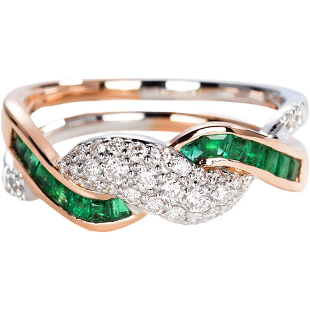 Two Tone Gold Diamond and Emerald Crossover Fashion Ring